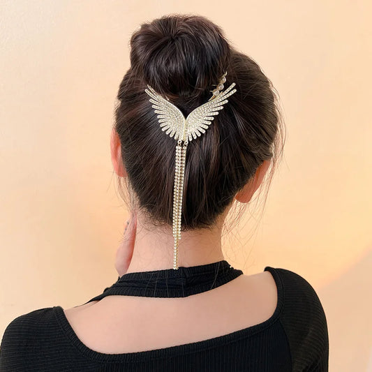 Gold Angel Wings Rhinestone Hair Clips - Pearl Tassel & Shiny Claw Hair Accessories