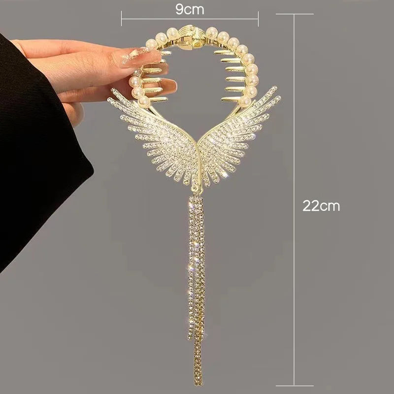 Gold Angel Wings Rhinestone Hair Clips - Pearl Tassel & Shiny Claw Hair Accessories