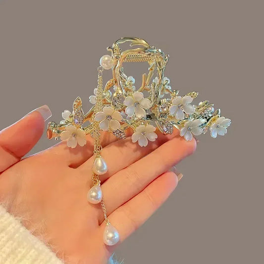 Sweet Flower Pearl Tassel Hair Claw - Elegant & Delicate Design